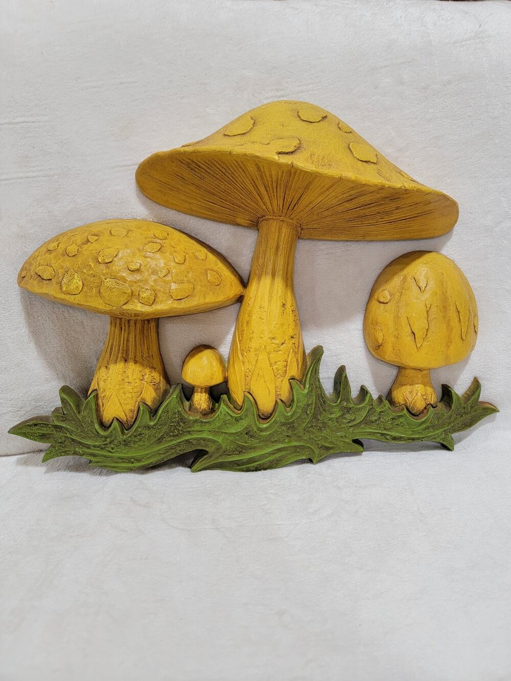 Vintage 1970s 3D Merry Mushroom Wall Hanging Plaque Faux Wood 18" Harvest Gold